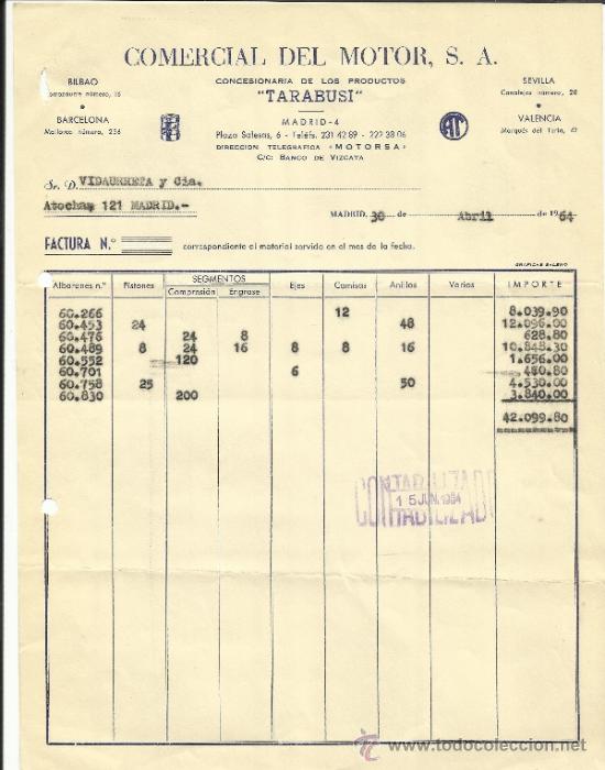 Facturas antiguas: FACTURA DE COMERCIAL DEL MOTOR. S.A. MADRID. 1964