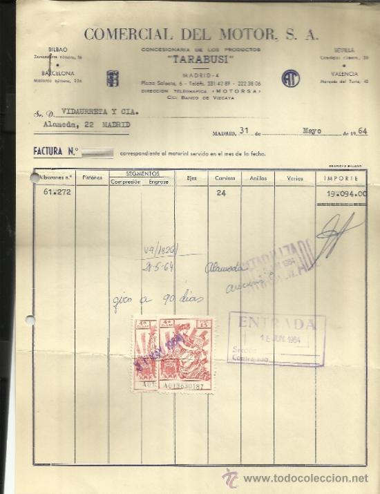 Facturas antiguas: FACTURA DE COMERCIAL DEL MOTOR. S.A. MADRID. 1964
