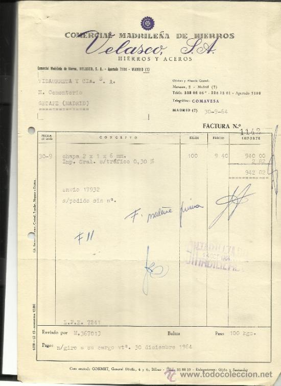 Facturas antiguas: FACTURA DE COMERCIAL MADRILE&Ntilde;A DE HIERROS. VELASCO S.A. MADRID. 1964