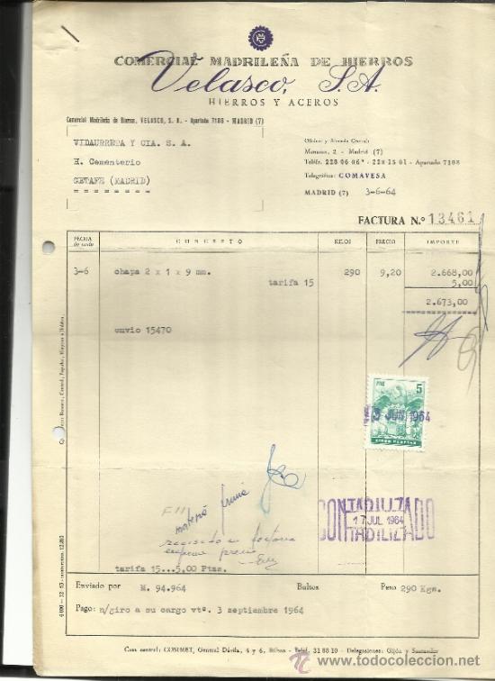 Facturas antiguas: FACTURA DE COMERCIAL MADRILE&Ntilde;A DE HIERROS. VELASCO S.A. MADRID. 1964