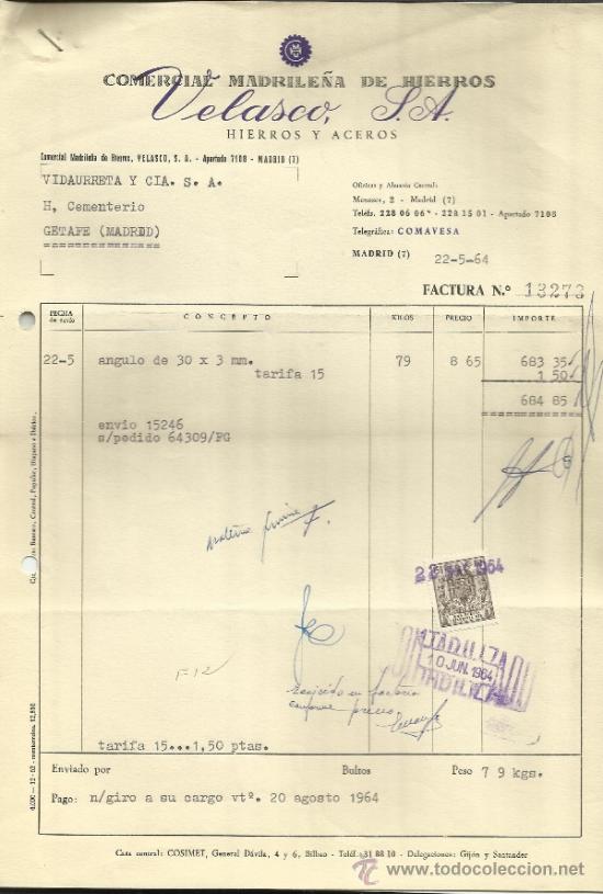 Facturas antiguas: FACTURA DE COMERCIAL MADRILE&Ntilde;A DE HIERROS. VELASCO S.A. MADRID. 1964