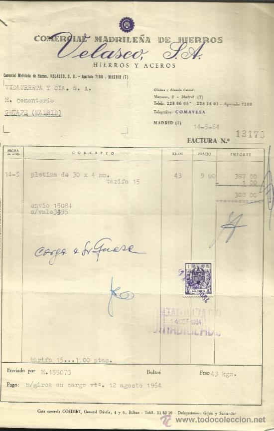 Facturas antiguas: FACTURA DE COMERCIAL MADRILE&Ntilde;A DE HIERROS. VELASCO S.A. MADRID. 1964