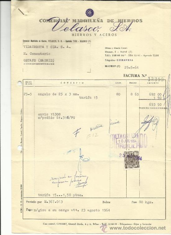 Facturas antiguas: FACTURA DE COMERCIAL MADRILE&Ntilde;A DE HIERROS. VELASCO S.A. MADRID. 1964