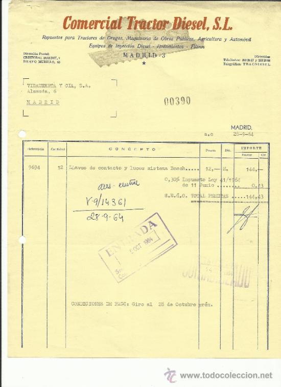 Facturas antiguas: FACTURA DE COMERCIAL TRACTOR DIESEL S.L. MADRID. 1964
