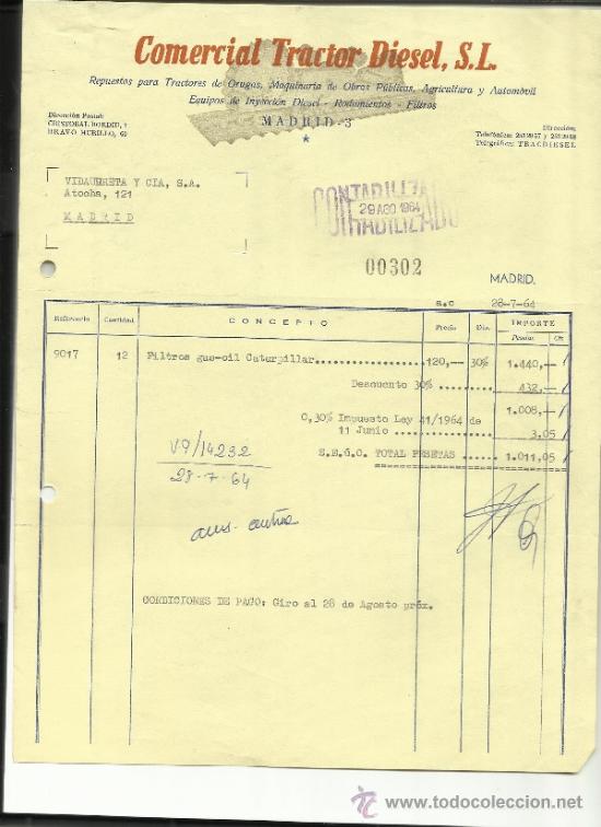 Facturas antiguas: FACTURA DE COMERCIAL TRACTOR DIESEL S.L. MADRID. 1964