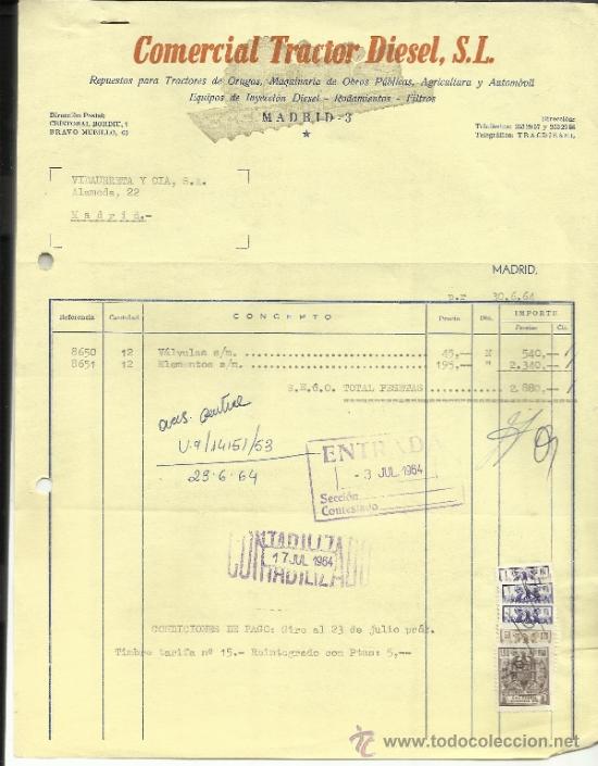 Facturas antiguas: FACTURA DE COMERCIAL TRACTOR DIESEL S.L. MADRID. 1964