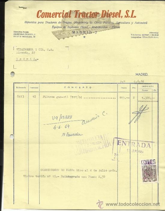 Facturas antiguas: FACTURA DE COMERCIAL TRACTOR DIESEL S.L. MADRID. 1964
