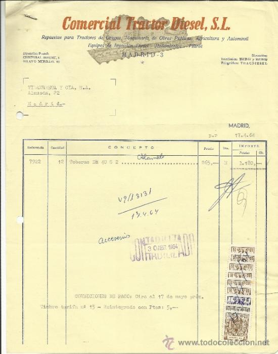 Facturas antiguas: FACTURA DE COMERCIAL TRACTOR DIESEL S.L. MADRID. 1964