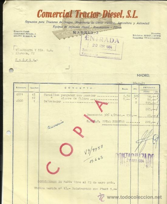 Facturas antiguas: FACTURA DE COMERCIAL TRACTOR DIESEL S.L. MADRID. 1964