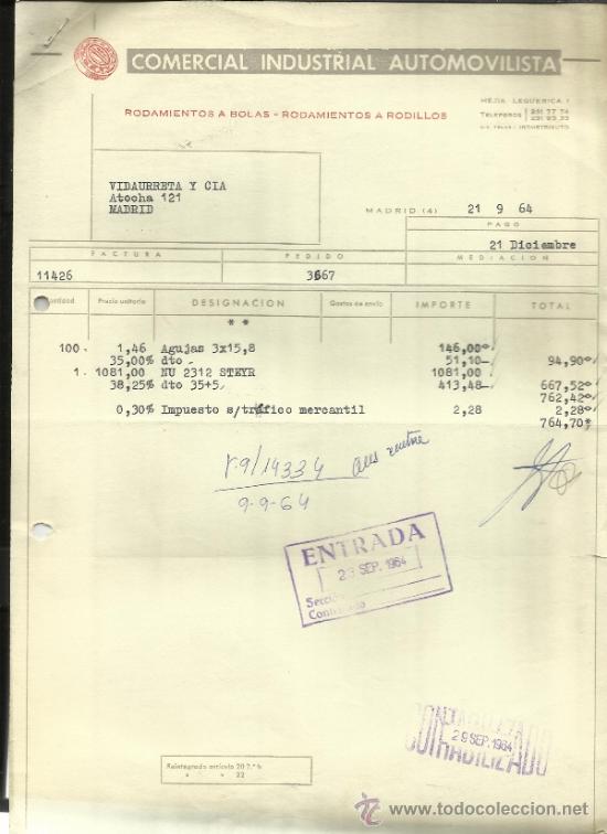 Facturas antiguas: FACTURA DE COMERCIAL INDUSTRIA AUTOMOVIL&Iacute;STICA. MADRID. 1964