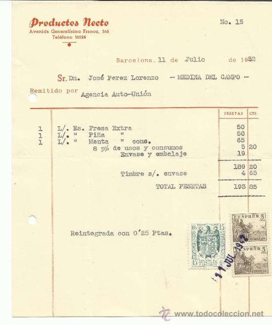 Facturas antiguas: FACTURA DE PRODUCTOS NETO. BARCELONA. 1952