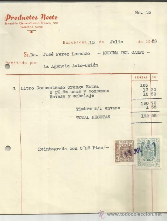 Facturas antiguas: FACTURA DE PRODUCTOS NETO. BARCELONA. 1952