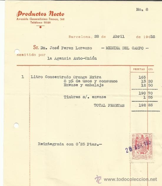 Facturas antiguas: FACTURA DE PRODUCTOS NETO. BARCELONA. 1952