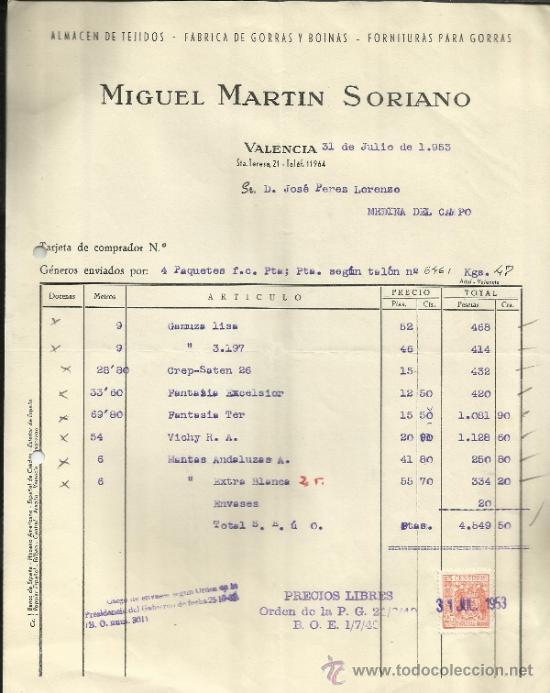 Facturas antiguas: FACTURA DE MIGUEL MARTIN SORIANO. ALMACENES DE TEJIDOS. VALENCIA. 1953