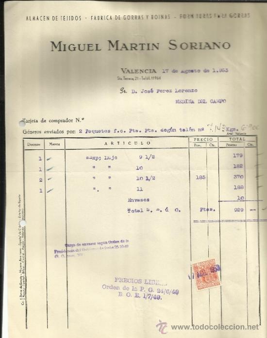 Facturas antiguas: FACTURA DE MIGUEL MARTIN SORIANO. ALMACENES DE TEJIDOS. VALENCIA. 1953