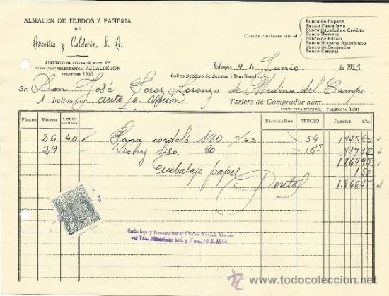 Facturas antiguas: FACTURA DE ARCOITIA Y CALDER&Oacute;N S.A. ALMAC&Eacute;N DE TEJIDOS Y PA&Ntilde;ER&Iacute;A. PALENCIA. 1953