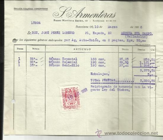 Facturas antiguas: FACTURA DE S. ARMENTERAS. BARCELONA. 1956