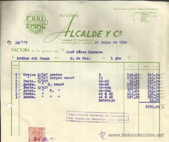 Facturas antiguas: FACTURA DE EUSEBIO ALCALDE Y C&ordf;. VALLADOLID. 1954 - Foto 1