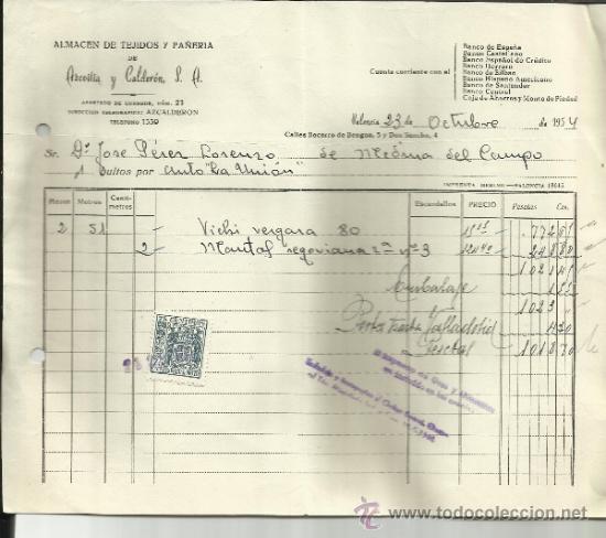 Facturas antiguas: FACTURA DE AZCOITIA Y CALDER&Oacute;N S.A. ALMAC&Eacute;N DE TEJIDOS Y PA&Ntilde;ER&Iacute;A. PALENCIA. 1954