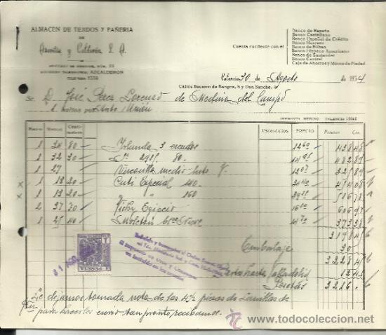 Facturas antiguas: FACTURA DE AZCOITIA Y CALDER&Oacute;N S.A. ALMAC&Eacute;N DE TEJIDOS Y PA&Ntilde;ER&Iacute;A. PALENCIA. 1954