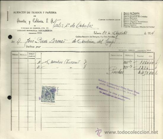 Facturas antiguas: FACTURA DE AZCOITIA Y CALDER&Oacute;N S.A. ALMAC&Eacute;N DE TEJIDOS Y PA&Ntilde;ER&Iacute;A. PALENCIA. 1954
