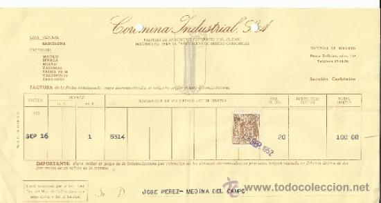 Facturas antiguas: FACTURA DE COROMINA INDUSTRIAL S.A. F&Aacute;BRICAS DE ANHIDRIDOS CARB&Oacute;NICO Y SULFUROSO. MADRID. 1952