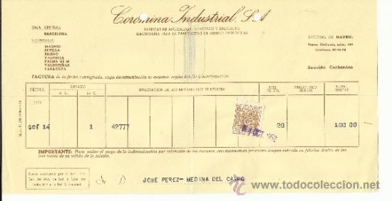 Facturas antiguas: FACTURA DE COROMINA INDUSTRIAL S.A. F&Aacute;BRICAS DE ANH&Iacute;DRIDOS CARB&Oacute;NICO Y SULFUROSO. MADRID. 1952