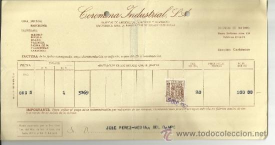 Facturas antiguas: FACTURA DE COROMINA INDUSTRIAL S.A. F&Aacute;BRICAS DE ANH&Iacute;DRIDOS CARB&Oacute;NICO Y SULFUROSO. MADRID. 1952