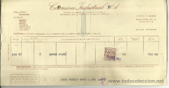 Facturas antiguas: FACTURA DE COROMINA INDUSTRIAL S.A. F&Aacute;BRICAS DE ANH&Iacute;DRIDOS CARB&Oacute;NICO Y SULFUROSO. MADRID. 1952