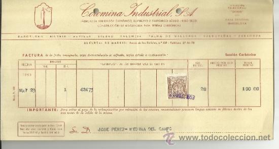 Facturas antiguas: FACTURA DE COROMINA INDUSTRIAL S.A. F&Aacute;BRICAS DE ANH&Iacute;DRIDOS CARB&Oacute;NICO Y SULFUROSO. MADRID. 1953