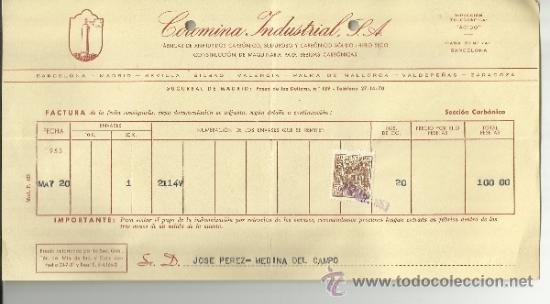 Facturas antiguas: FACTURA DE COROMINA INDUSTRIAL S.A. F&Aacute;BRICAS DE ANH&Iacute;DRIDOS CARB&Oacute;NICO Y SULFUROSO. MADRID. 1953