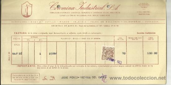 Facturas antiguas: FACTURA DE COROMINA INDUSTRIAL S.A. F&Aacute;BRICAS DE ANH&Iacute;DRIDOS CARB&Oacute;NICO Y SULFUROSO. MADRID. 1953