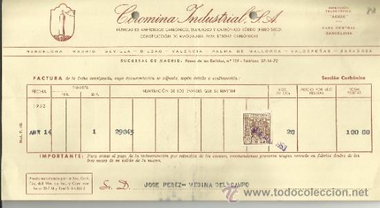 Facturas antiguas: FACTURA DE COROMINA INDUSTRIAL S.A. F&Aacute;BRICAS DE ANH&Iacute;DRIDOS CARB&Oacute;NICO Y SULFUROSO. MADRID. 1953