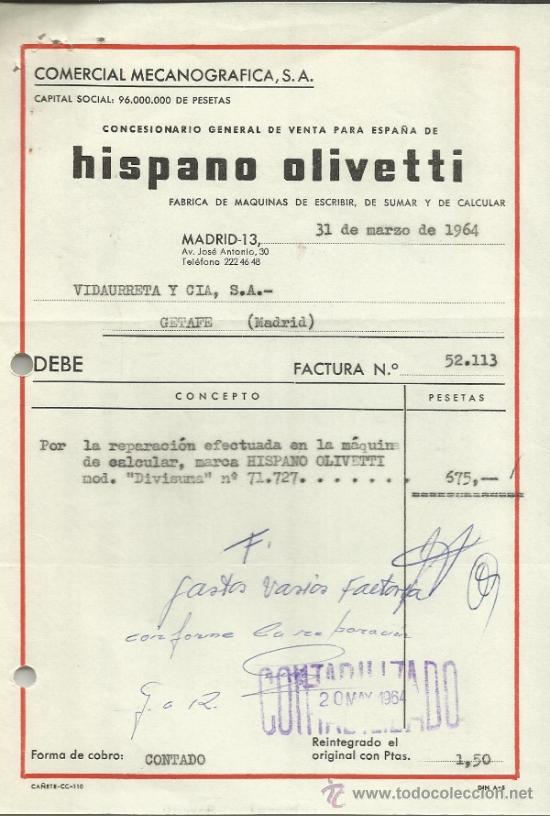 Facturas antiguas: FACTURA DE HISPANO OLIVETTI. ADJUNTA CARTA COMERCIAL. MADRID. 1964