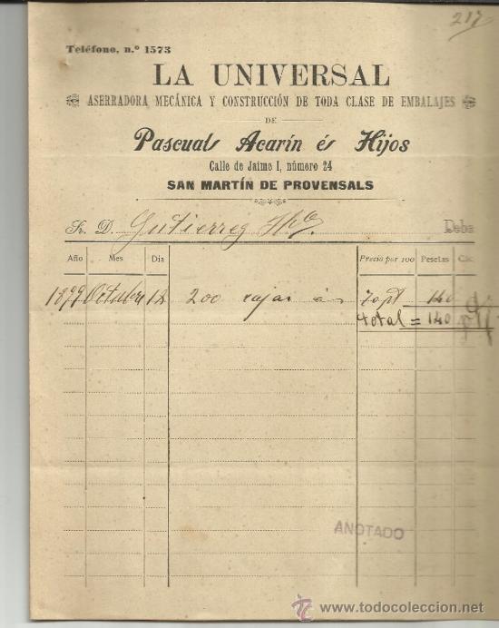 Facturas antiguas: FACTURA DE LA UNIVERSAL. ASERRADORA MEC&Aacute;NICA. SAN MART&Iacute;N DE PROVENSALS. BARCELONA. 1899
