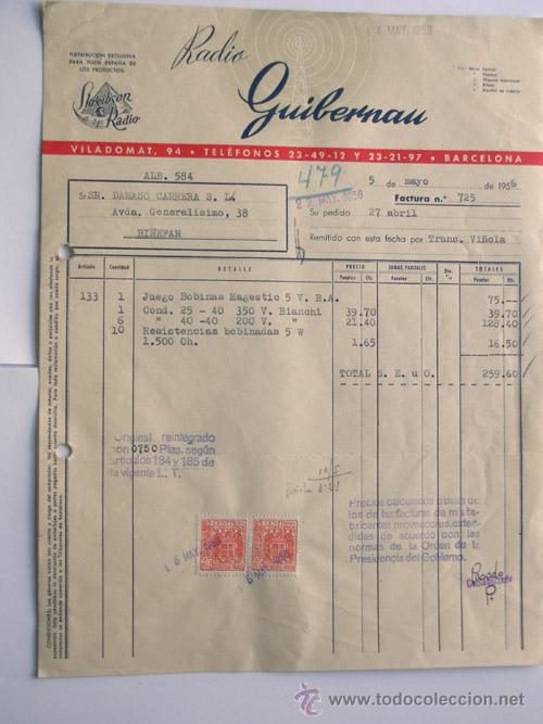 Facturas antiguas: FACTURA / RADIO GUIBERNAU / VILADOMAT 1956 / BARCELONA
