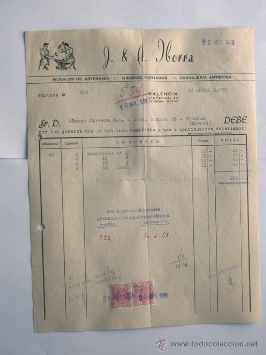 Facturas antiguas: FACTURA /  HIERROS FORJADOS / CERRAJERIA ARTISTICA /J.& A. IBORRA / VALENCIA 1958