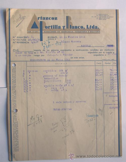 Facturas antiguas: FACTURA / ALMACEN DE QUINCALLA, JUGUETERIA, BISUTERIA / ARTACOZ, PORTILLA Y BLANCO / BILBAO 1942