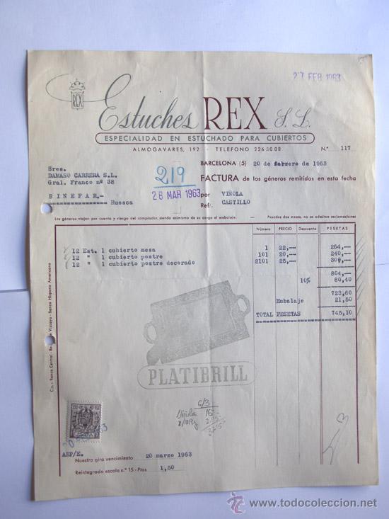 Facturas antiguas: FACTURA / ESTUCHADO PARA CUBIERTOS / ESTUCHES REX / BARCELONA 1963