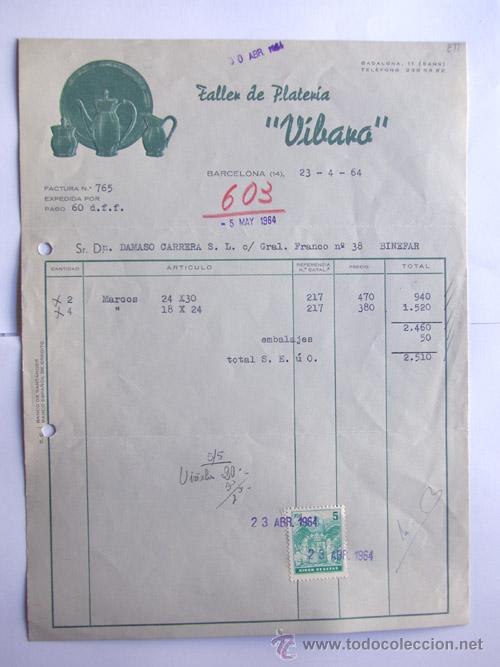 Facturas antiguas: FACTURA / TALLER DE PLATERIA / VIBARO / BARCELONA 1964