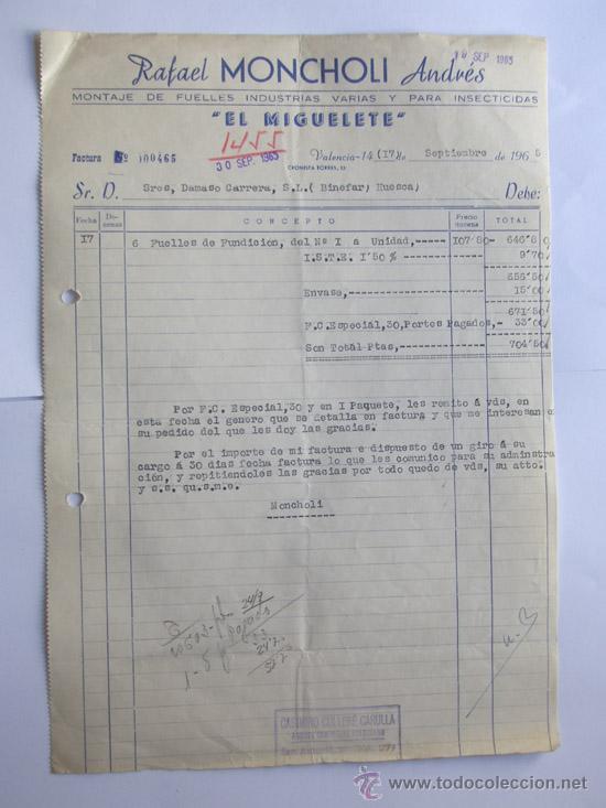 Facturas antiguas: FACTURA / MONTAJE DE FUELLES / RAFAEL MONCHOLI ANDRES / EL MIGUELETE / VALENCIA 1965