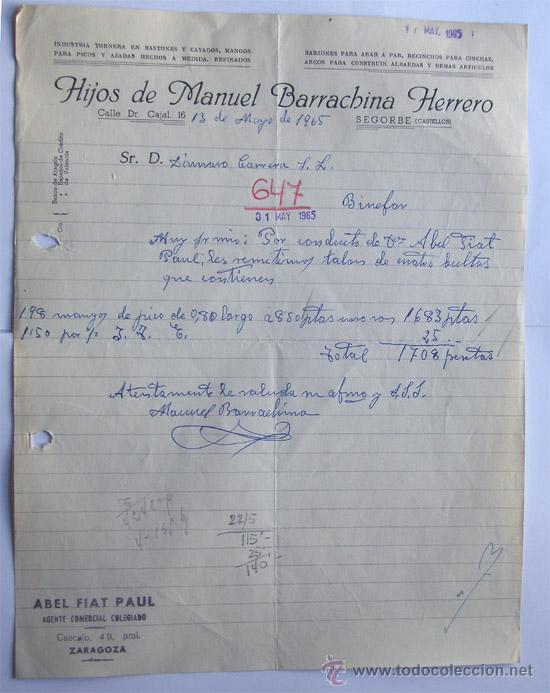 Facturas antiguas: CARTA COMERCIAL / INDUSTRIA TORNERA / HIJOS DE MANUEL BARRACHINA HERRERO / SEGORBE 1965 / CASTELLON