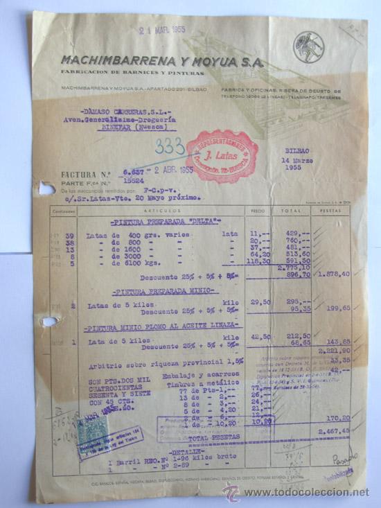 Facturas antiguas: FACTURA / FABRICA DE BARNICES Y PINTURAS / MACHIMBARRENA Y MOYUA / BILBAO 1955