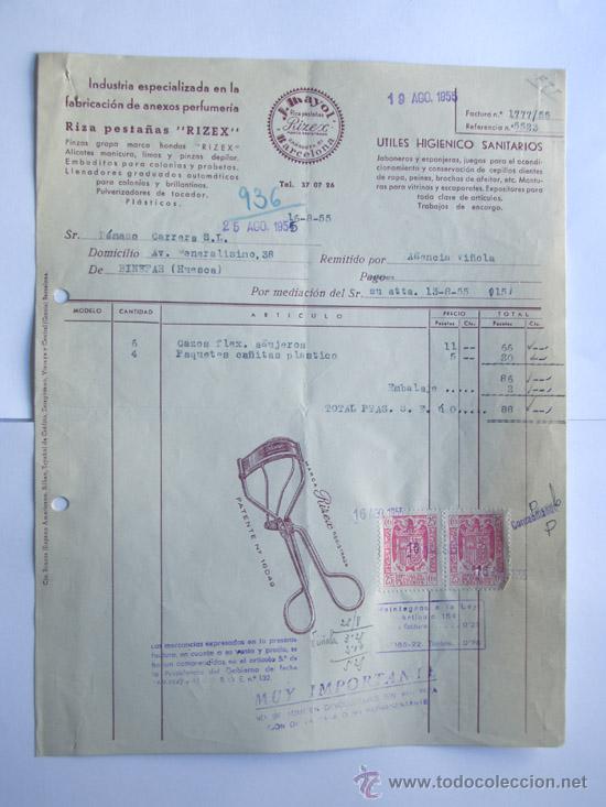 Facturas antiguas: FACTURA /  FABRICACION DE ANEXOS PERFUMERIA / RIZA PESTA&Ntilde;AS RIZEX / J. MAYOL / BARCELONA 1955
