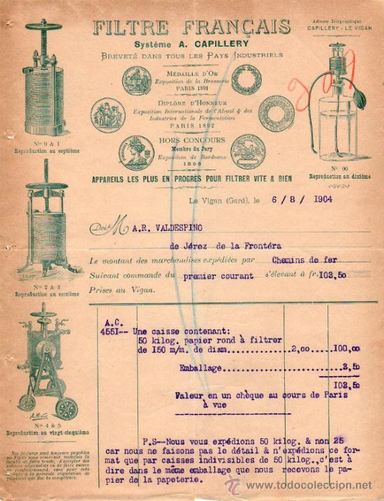 Fatture antiche: FACTURA DE A. CAPILLERY. FILTRE FRAN&Ccedil;AIS. LE VIGAN (GARD) 1904, FRANCE