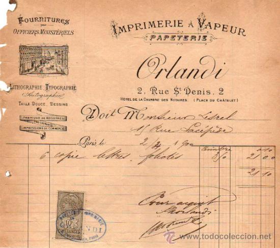 Fatture antiche: FACTURA DE ORLANDI. PAPETERIE - IMPRIMERIE. PARIS 1900