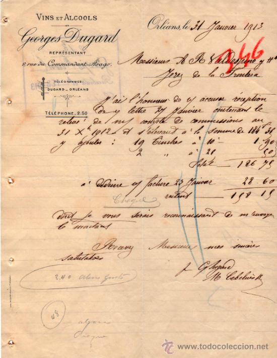 Fatture antiche: FACTURA DE GEORGES DUGARD. REPR&Eacute;SENTANT. ORL&Eacute;ANS 1913, FRANCE