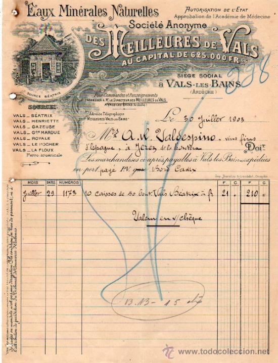 Fatture antiche: FACTURA  EAUX MIN&Eacute;RALES NATURELLES. S.A. VALS-LES-BAINS 1903, FRANCE