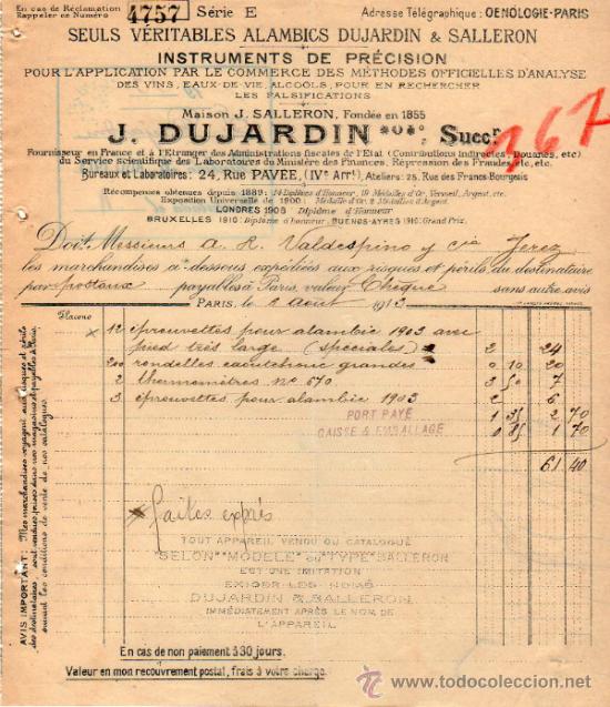Fatture antiche: FACTURA  DE J. DUJARDIN SUCCrs. FABRIQUE D'INSTRUMENTS DE PR&Eacute;CISION. PARIS 1913