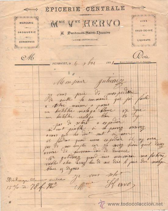 Facturas antiguas: FACTURA DE Mme. Vve HERVO. EPICERIE. PENHOUET- SAINT NAZAIRE 1891, FRANCE